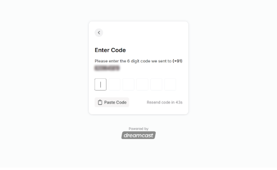 Screen asking for the 6-digit code sent to your WhatsApp number.
