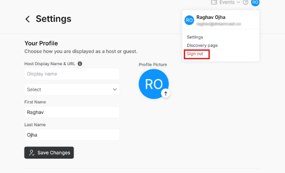 Profile menu open in the upper right corner with the Sign Out option.