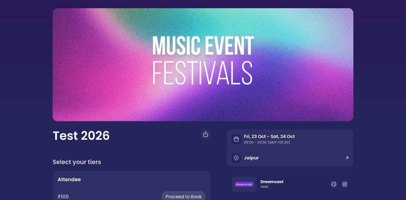 The public event landing page with banner, tiers, date, venue and host