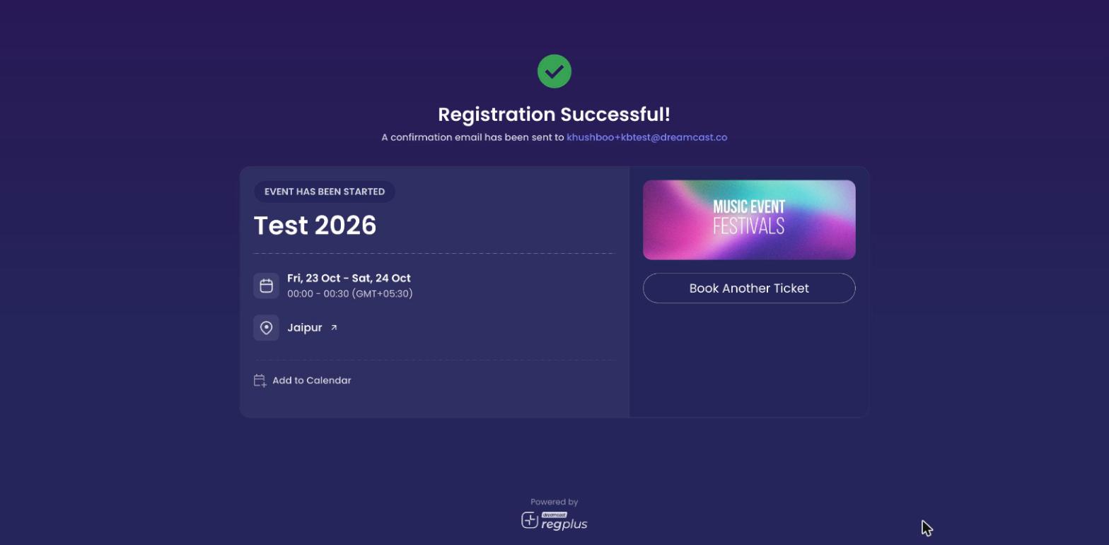 Registration Successful screen with Add to Calendar and Book Another Ticket