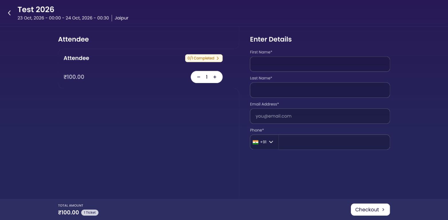 The booking step with a quantity selector and the attendee details form