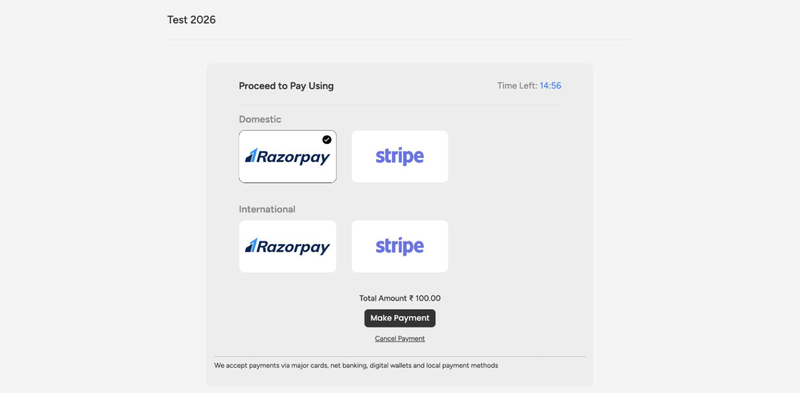 Choose Payment Method screen with domestic and international gateways and the payment note