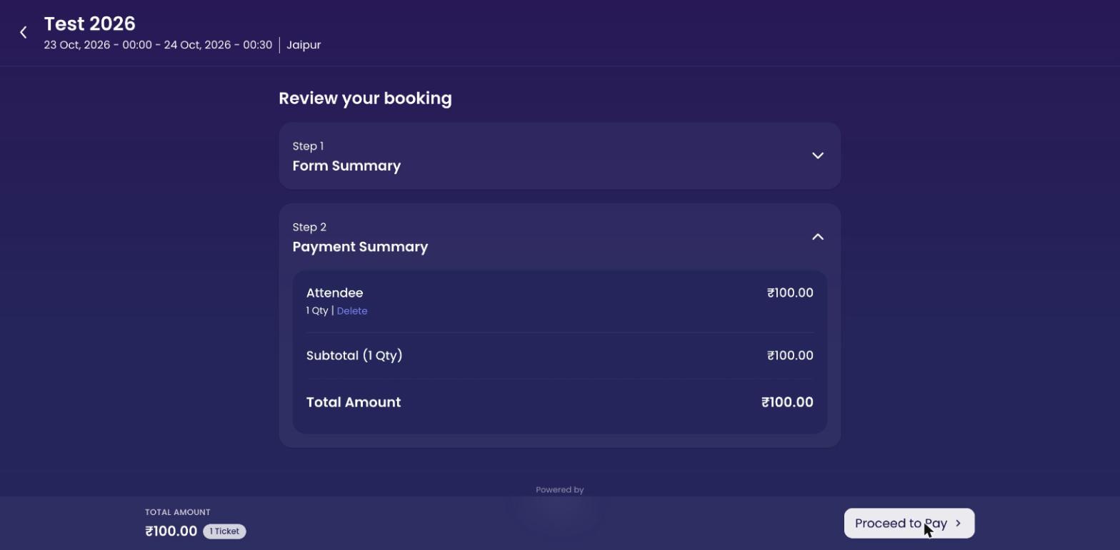 Review your booking with a form summary and a payment summary