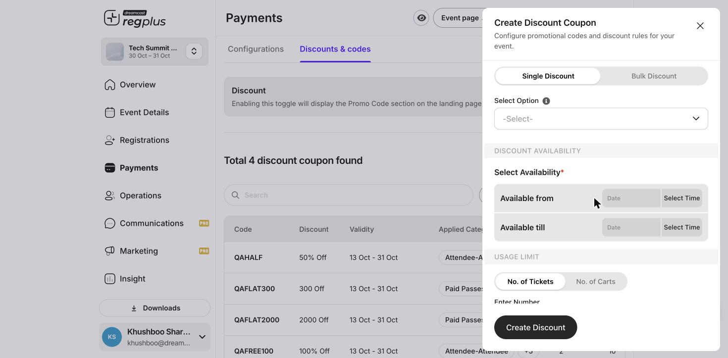 Discount setup with availability dates and usage limit