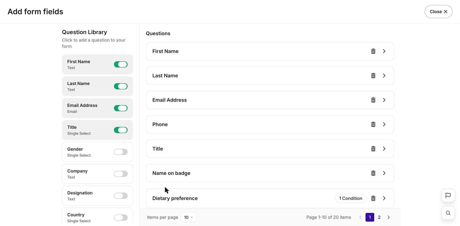 Add form fields panel with the question library