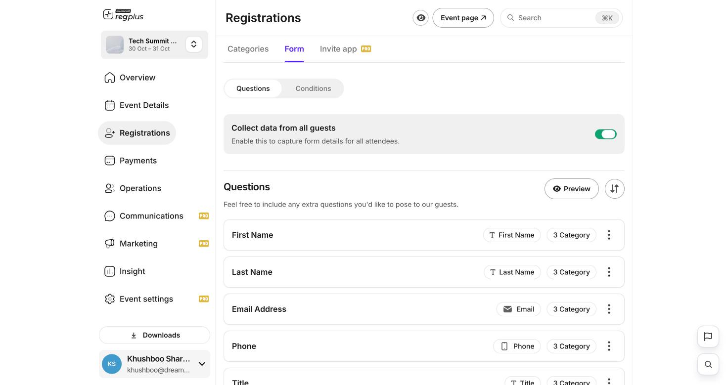 Registration form default questions