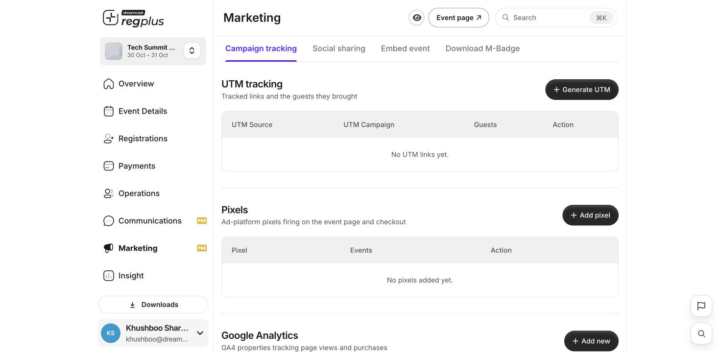 The Marketing section with campaign tracking