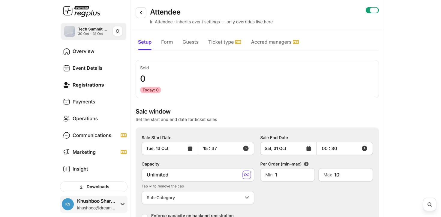 An option's setup with the sale window dates