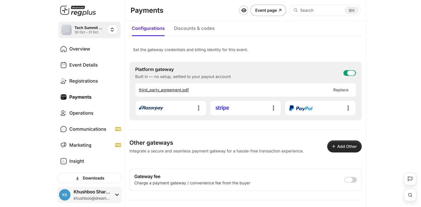 Payments Configurations with the platform gateway