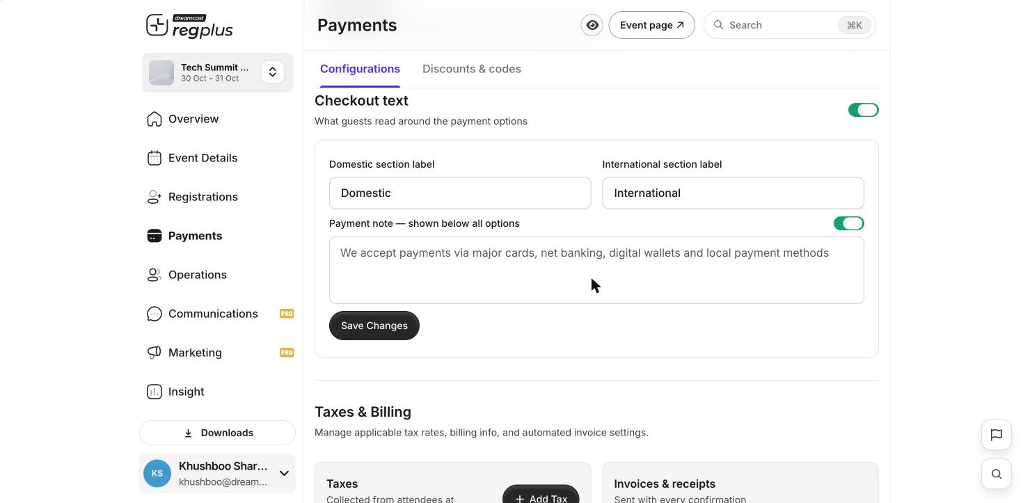Taxes and billing settings