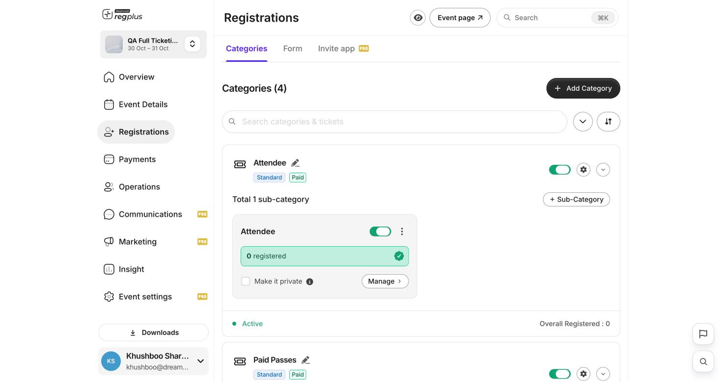 Registrations screen with a ticket type
