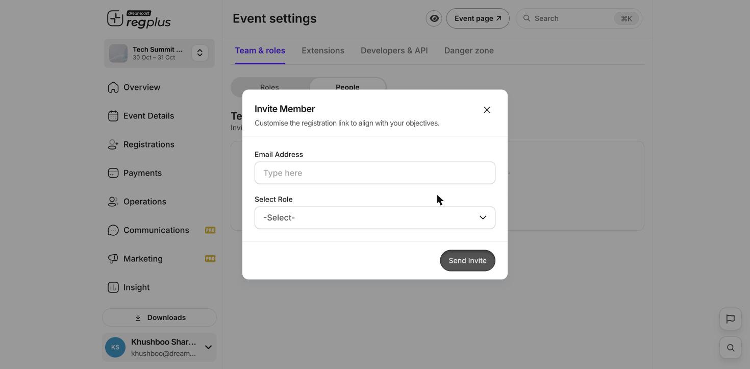 Inviting a team member and choosing a role