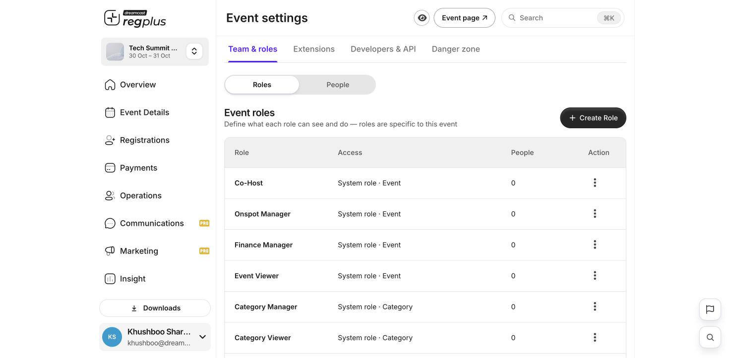 The Team roles screen