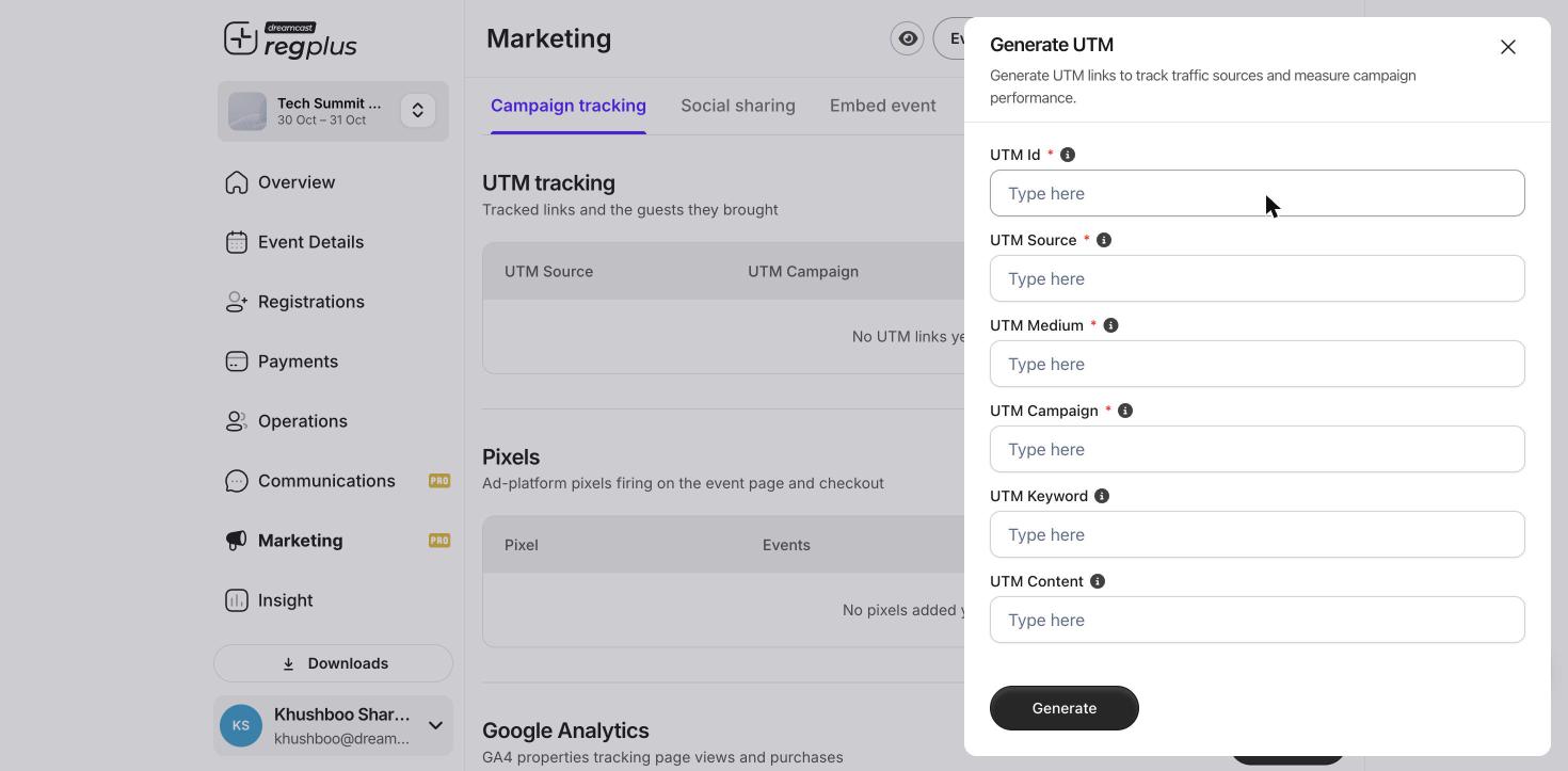 The Generate UTM form for a tracking link