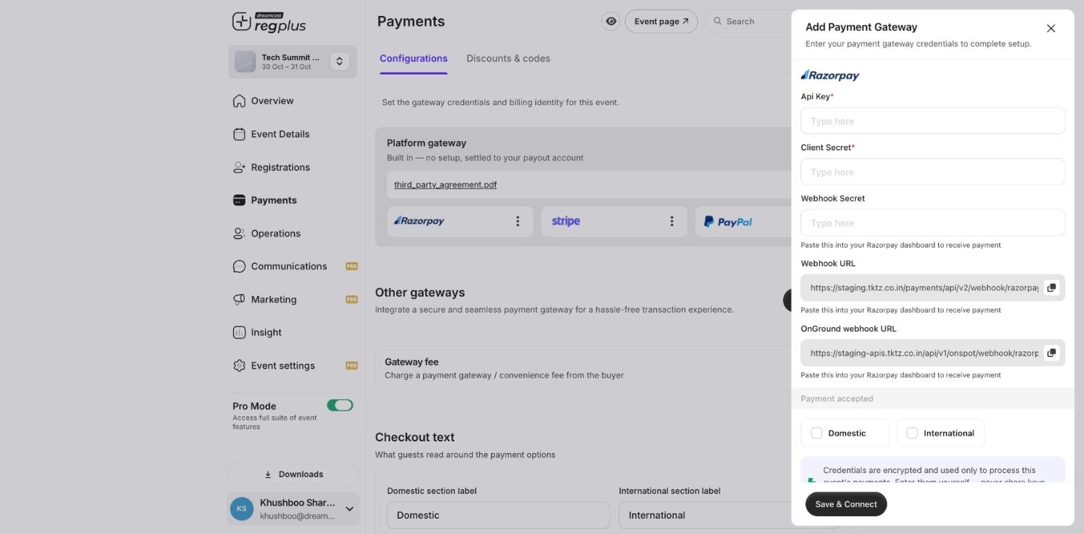 The Add Payment Gateway form for Razorpay with API key, client secret, webhook secret and webhook URLs