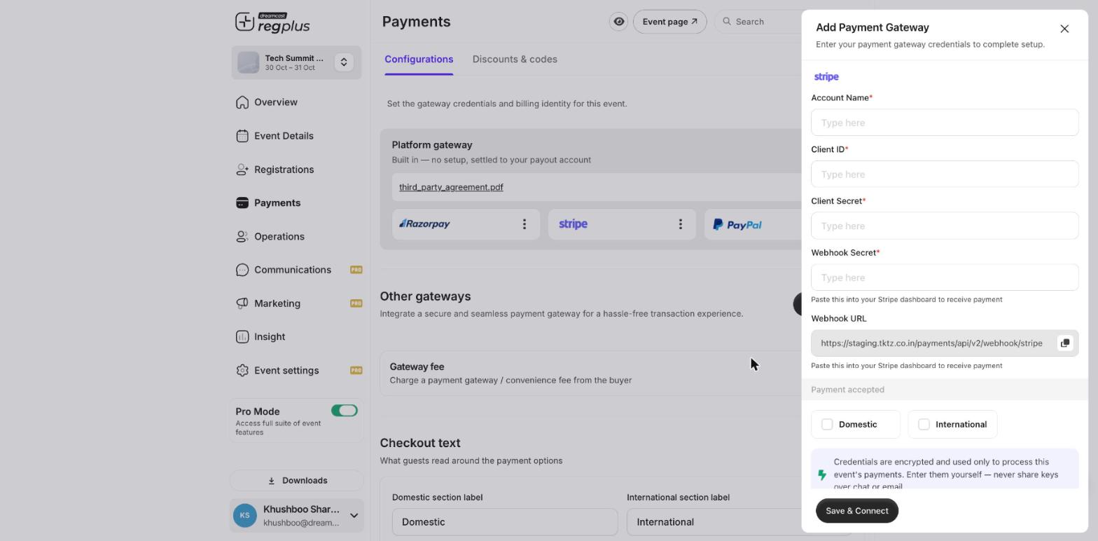 The Add Payment Gateway form for Stripe with account name, client ID, client secret and webhook fields