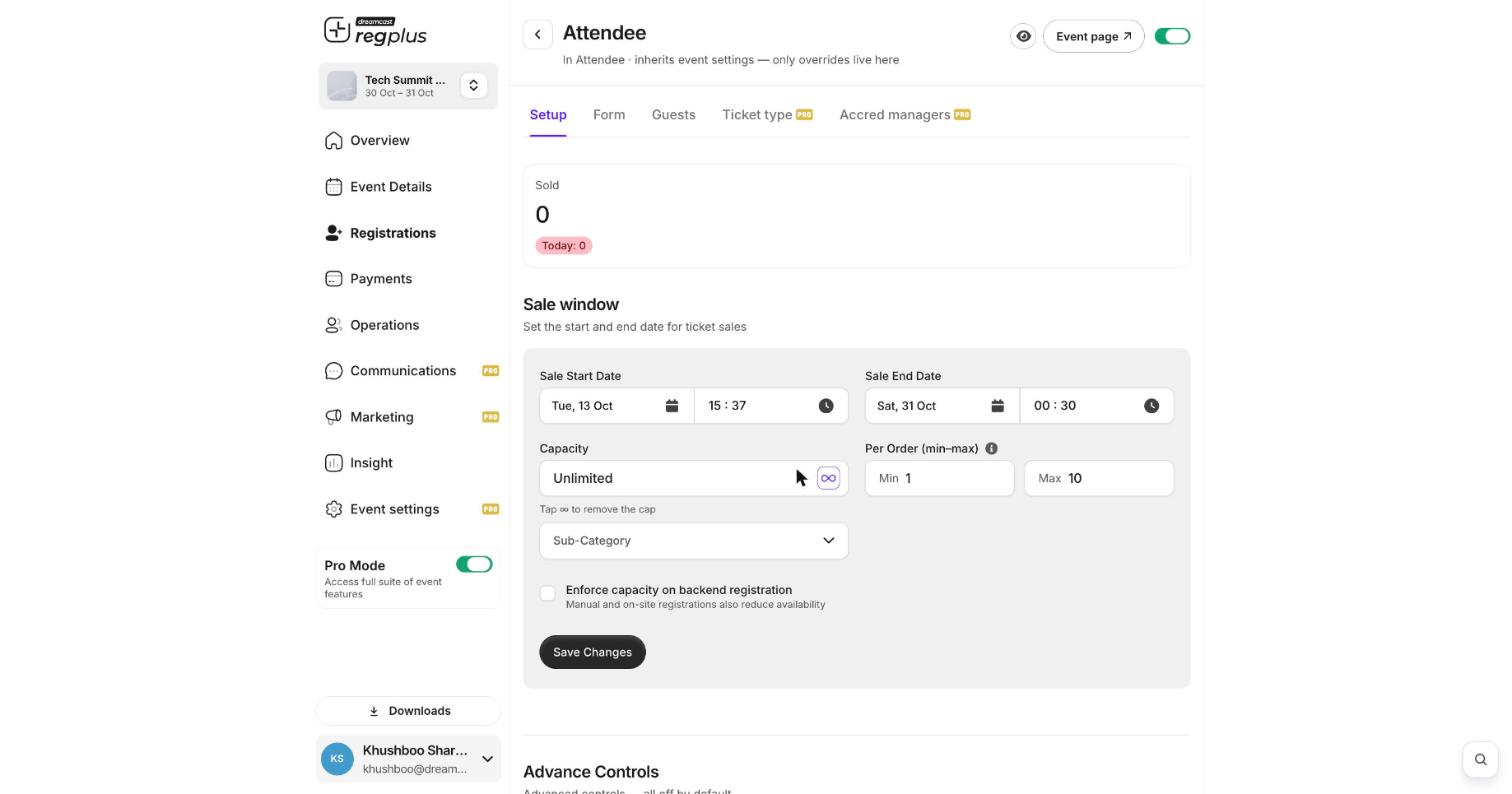 A ticket type Setup tab with sale window, capacity, per-order limits and enforce capacity