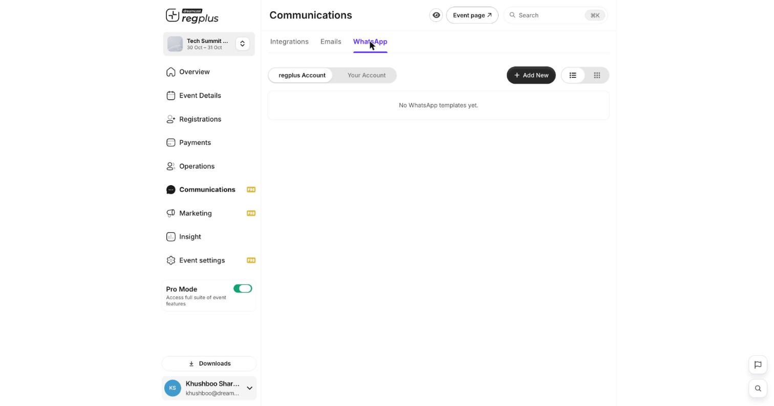 WhatsApp templates tab with regplus Account and Your Account options