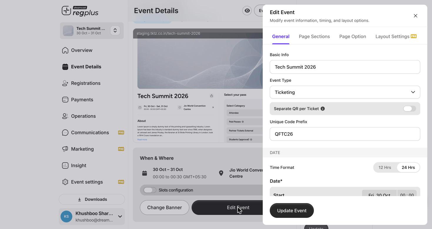 Edit Event General tab with Basic Info, Event Type and Date