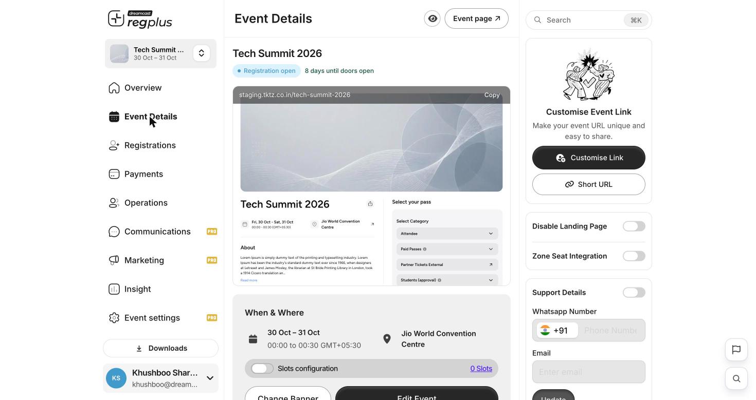 Event Details screen with public page preview, event URL and support details