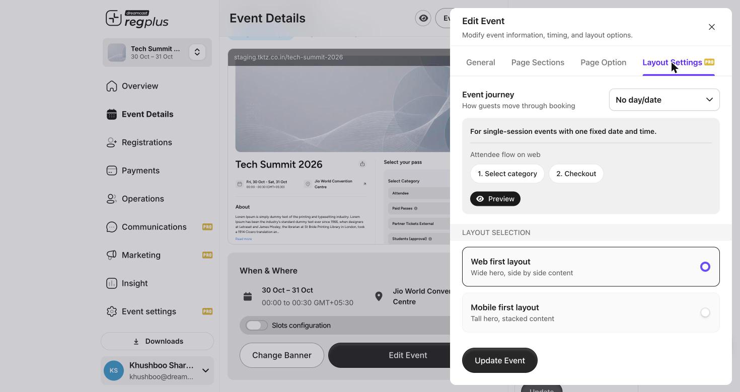 Layout Settings with event journey and web-first vs mobile-first layout