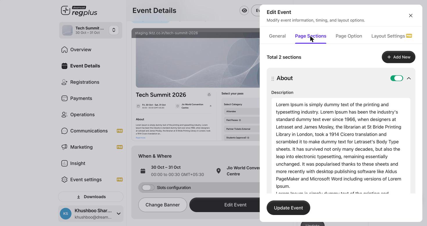 Page Sections tab with an About section and Add New
