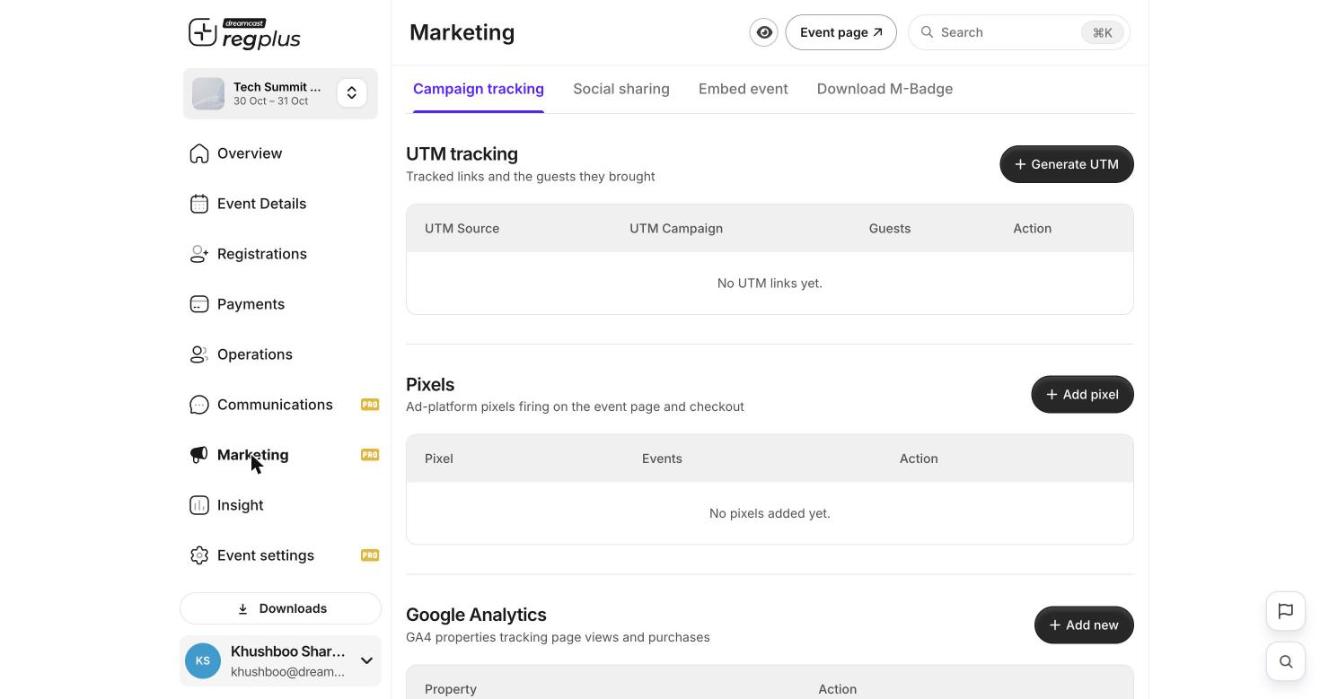 Campaign tracking tab with UTM tracking, Pixels and Google Analytics