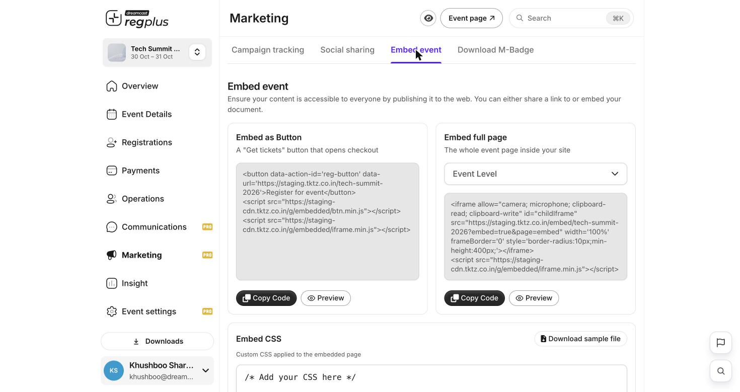 Embed event tab with Embed as Button, Embed full page and Embed CSS