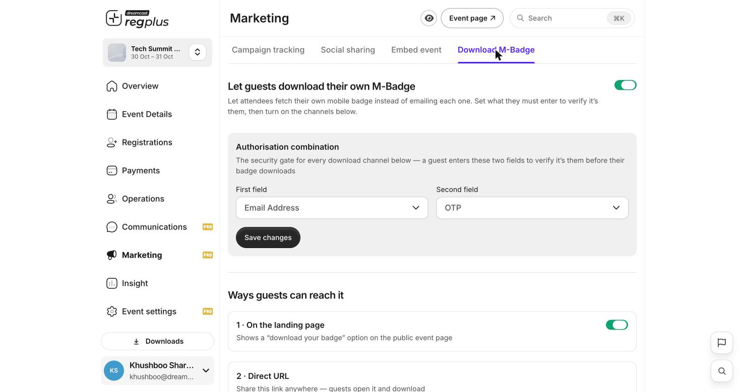 Download M-Badge tab with authorisation combination and channels