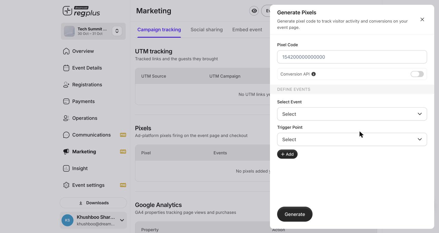 Generate Pixels form with Pixel Code, Conversion API toggle and Define Events