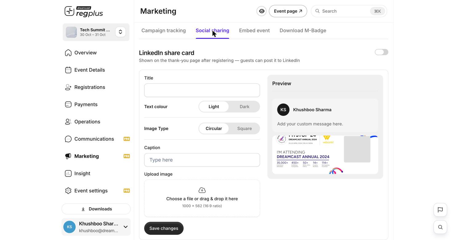Social sharing tab with LinkedIn share card settings and preview