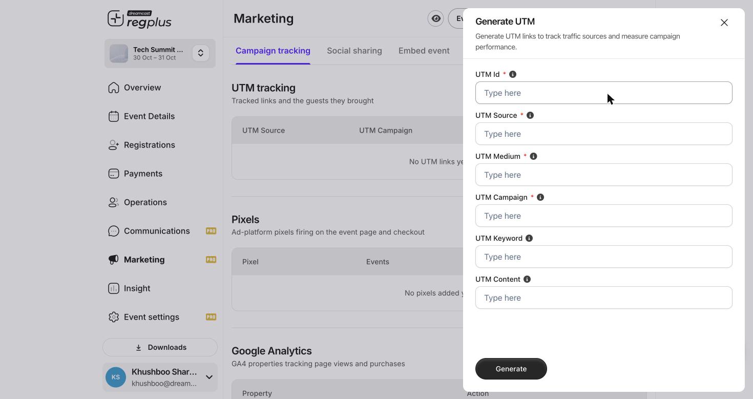 Generate UTM form with Id, Source, Medium, Campaign, Keyword and Content