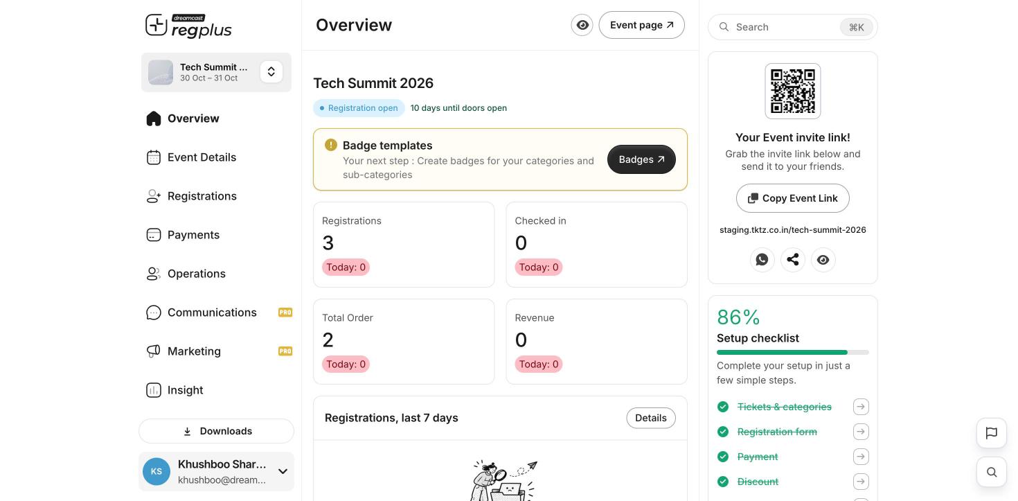 The dashboard with the left menu open on a live event