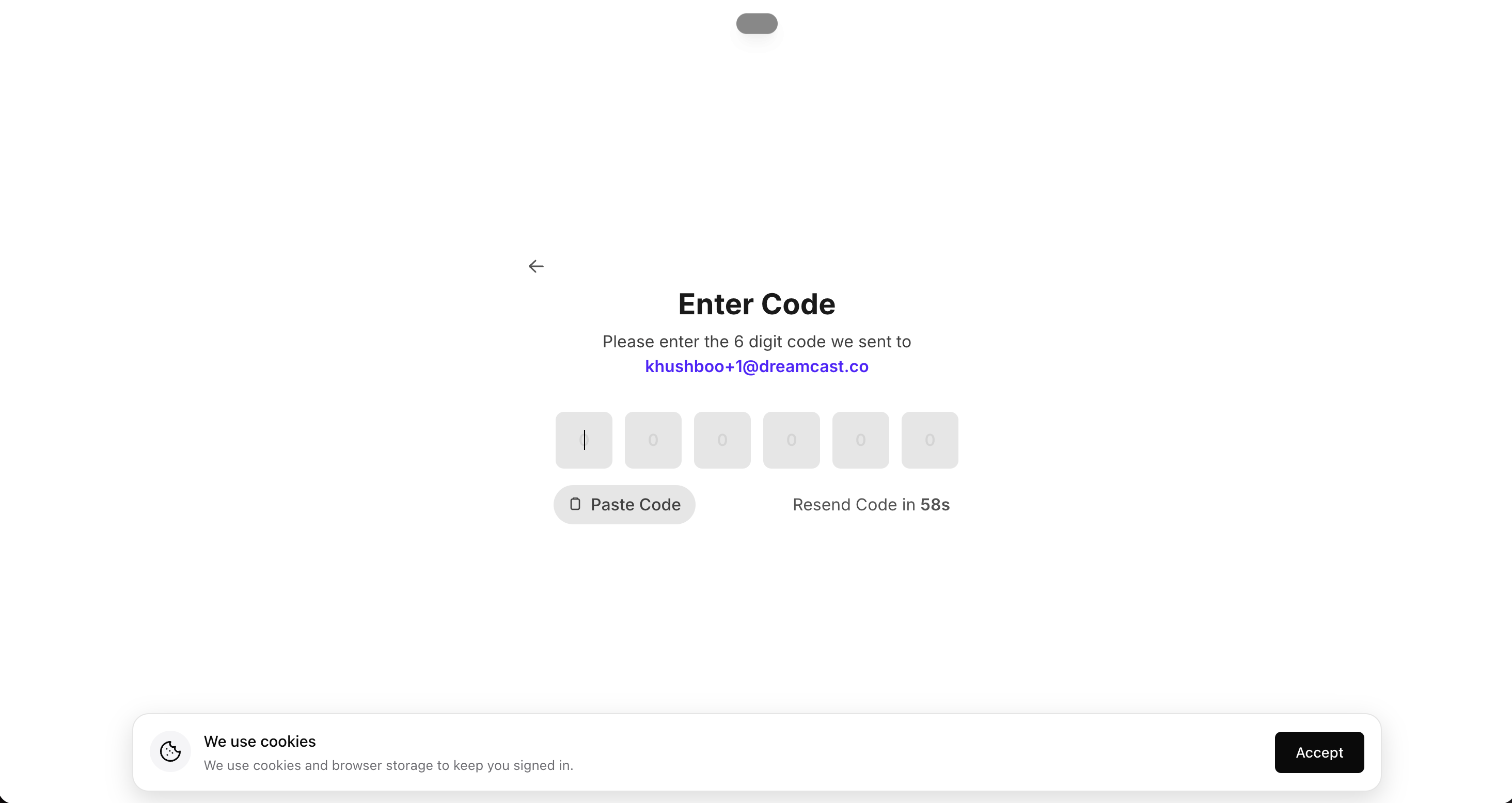 Enter Code screen with six digit boxes and a Paste Code button.