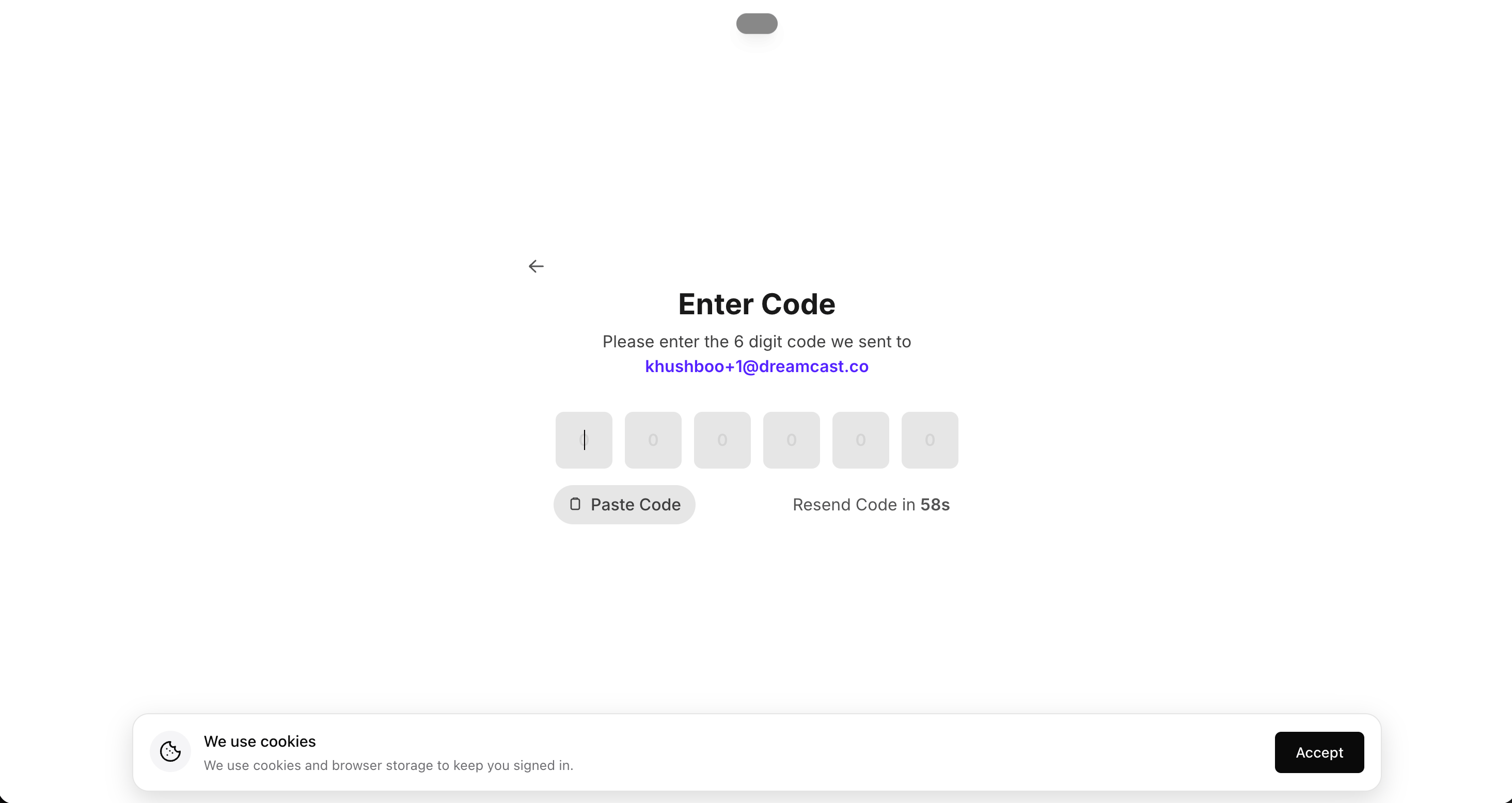 Enter Code screen with six digit boxes and a Paste Code button.