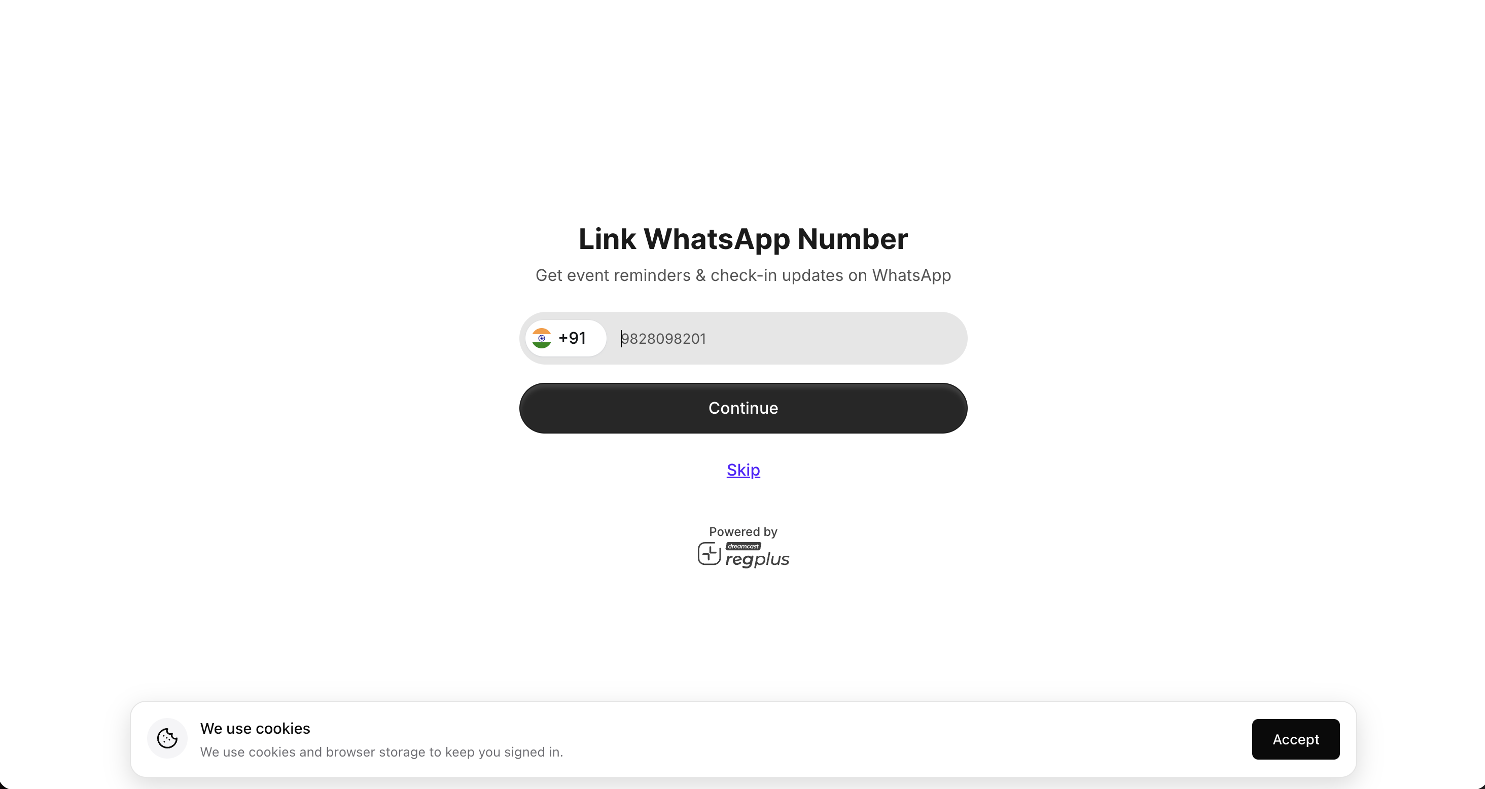 Link WhatsApp Number screen with a phone number field, Continue button and Skip link.