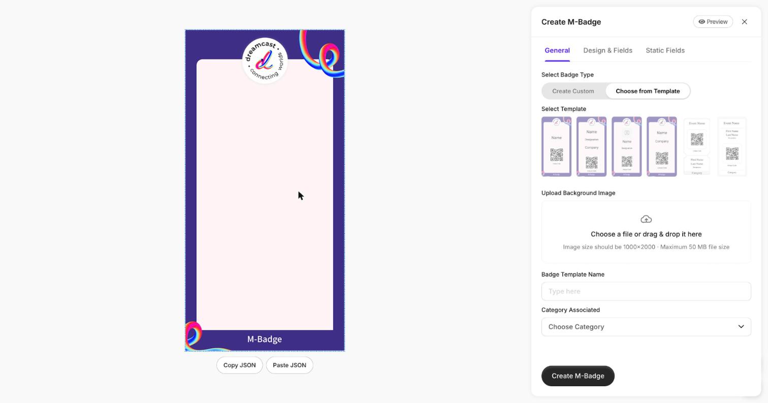 The Create M-Badge designer with a live preview, badge type, template gallery, background upload and fields