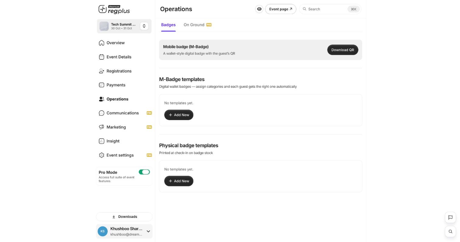 The Badges tab with Mobile badge, M-Badge templates and Physical badge templates