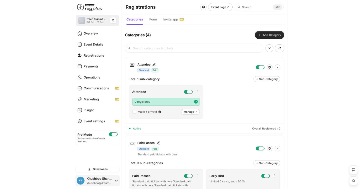 The Categories screen showing categories, their ticket types, and Manage and Add controls