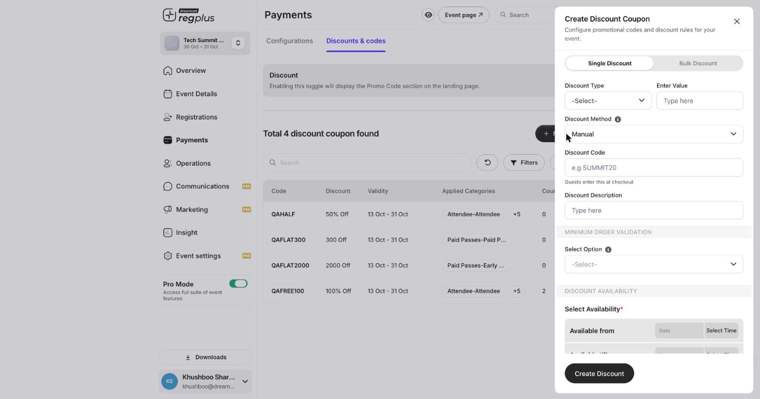 The Create Discount Coupon form with discount type, value, code, minimum order and availability fields