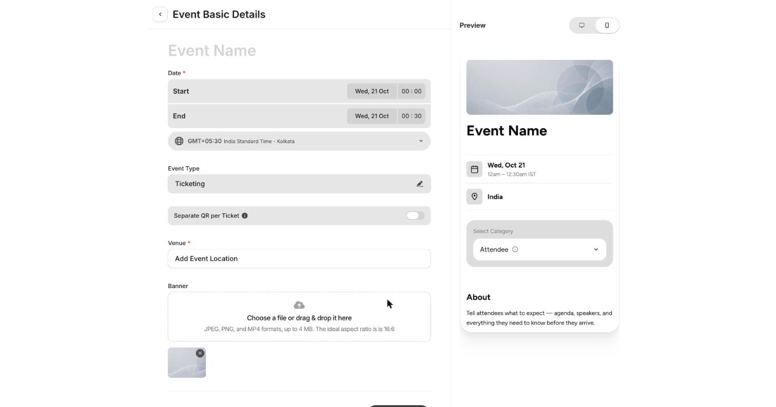 The Event Basic Details form with name, date, timezone, event type, venue and banner, next to a live preview