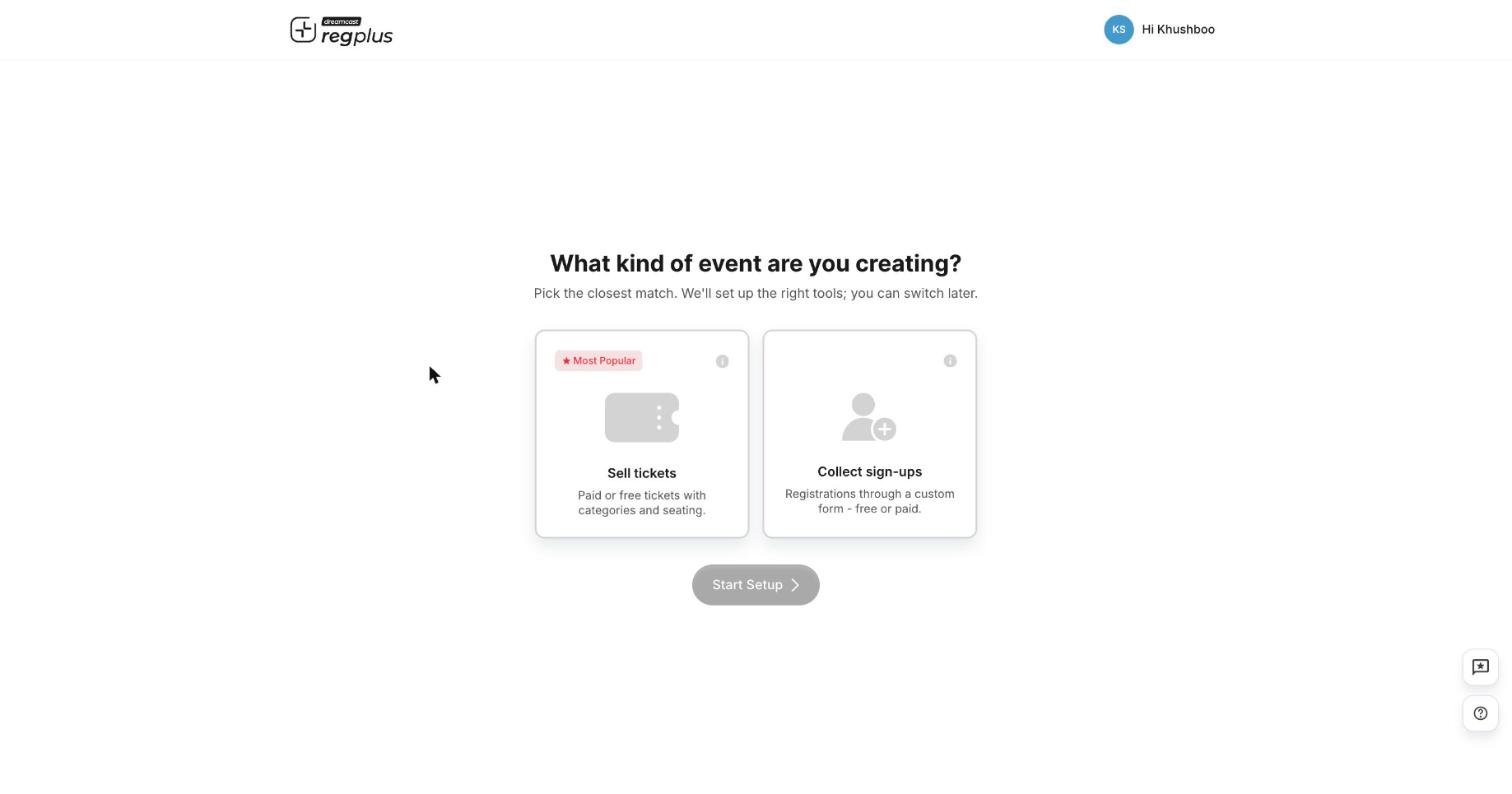 The What kind of event are you creating screen with Sell tickets and Collect sign-ups