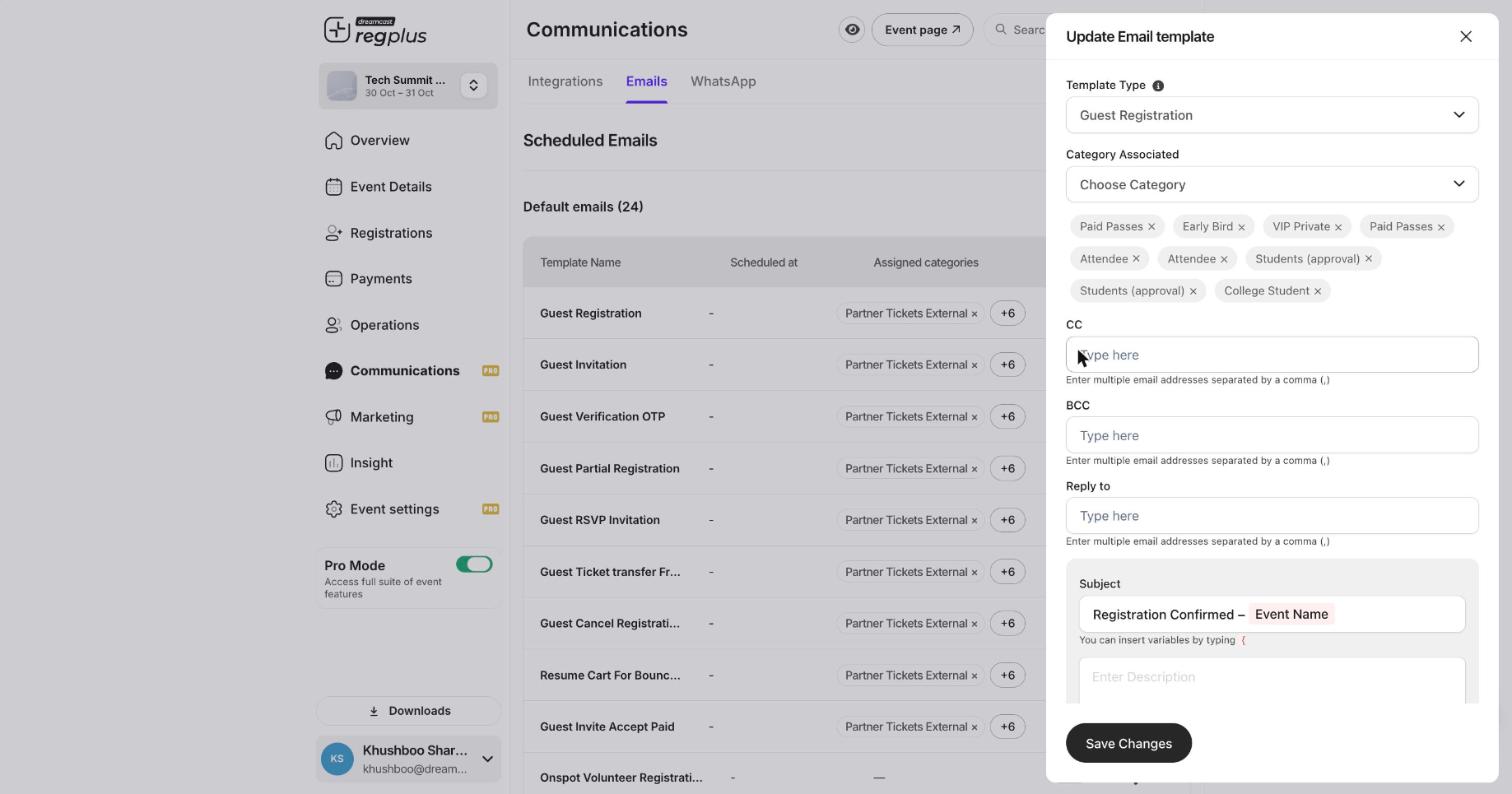 Update Email template editor with Template Type, Category, CC, BCC, Subject