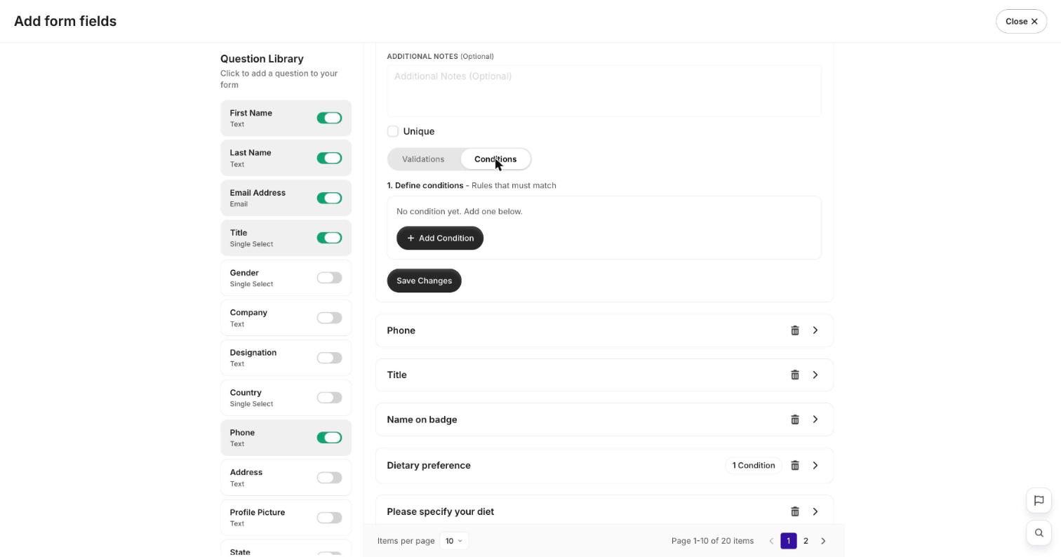 The Conditions tab where you add rules that must match for a question to show