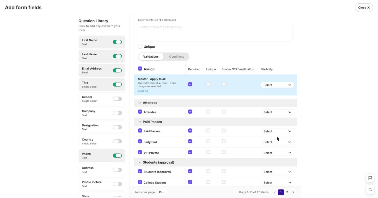 The Add form fields editor with the question library of field types and the per-ticket validations table