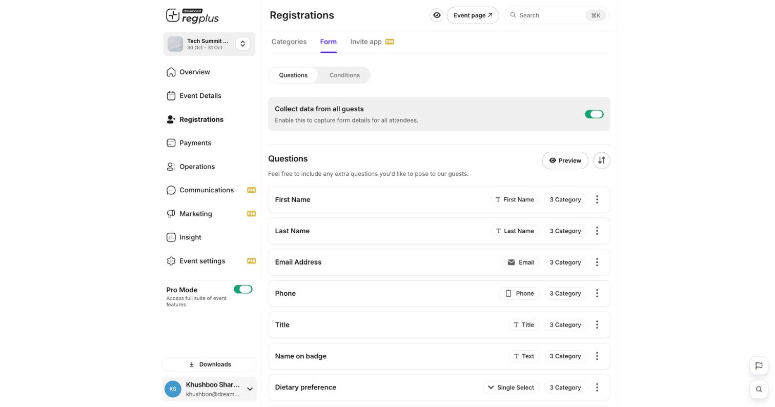 The Form Questions tab listing fields with their field type and category count