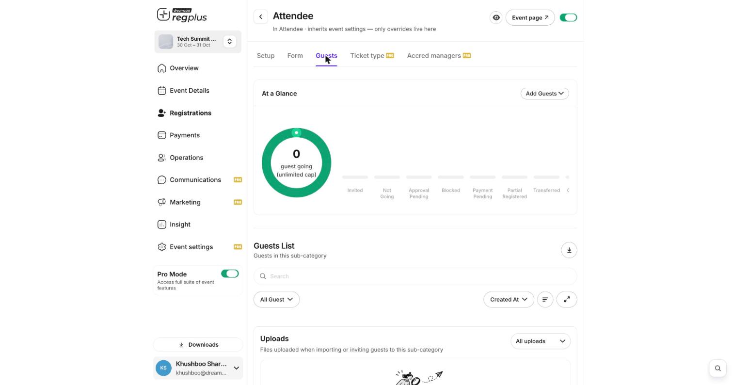 Guest list with status summary and Add Guests button