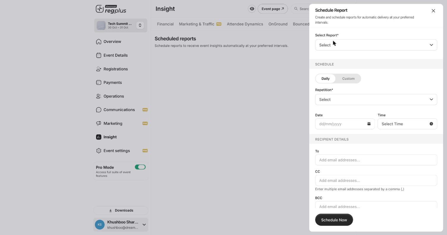 Schedule Report form with report select, daily/custom schedule and recipients
