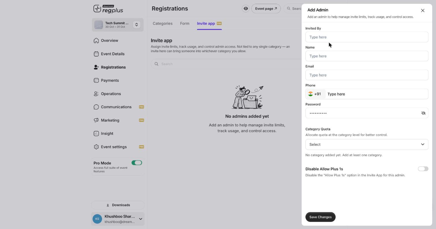 Add Admin panel with Invited By, Name, Email, Phone, Password, Category Quota fields