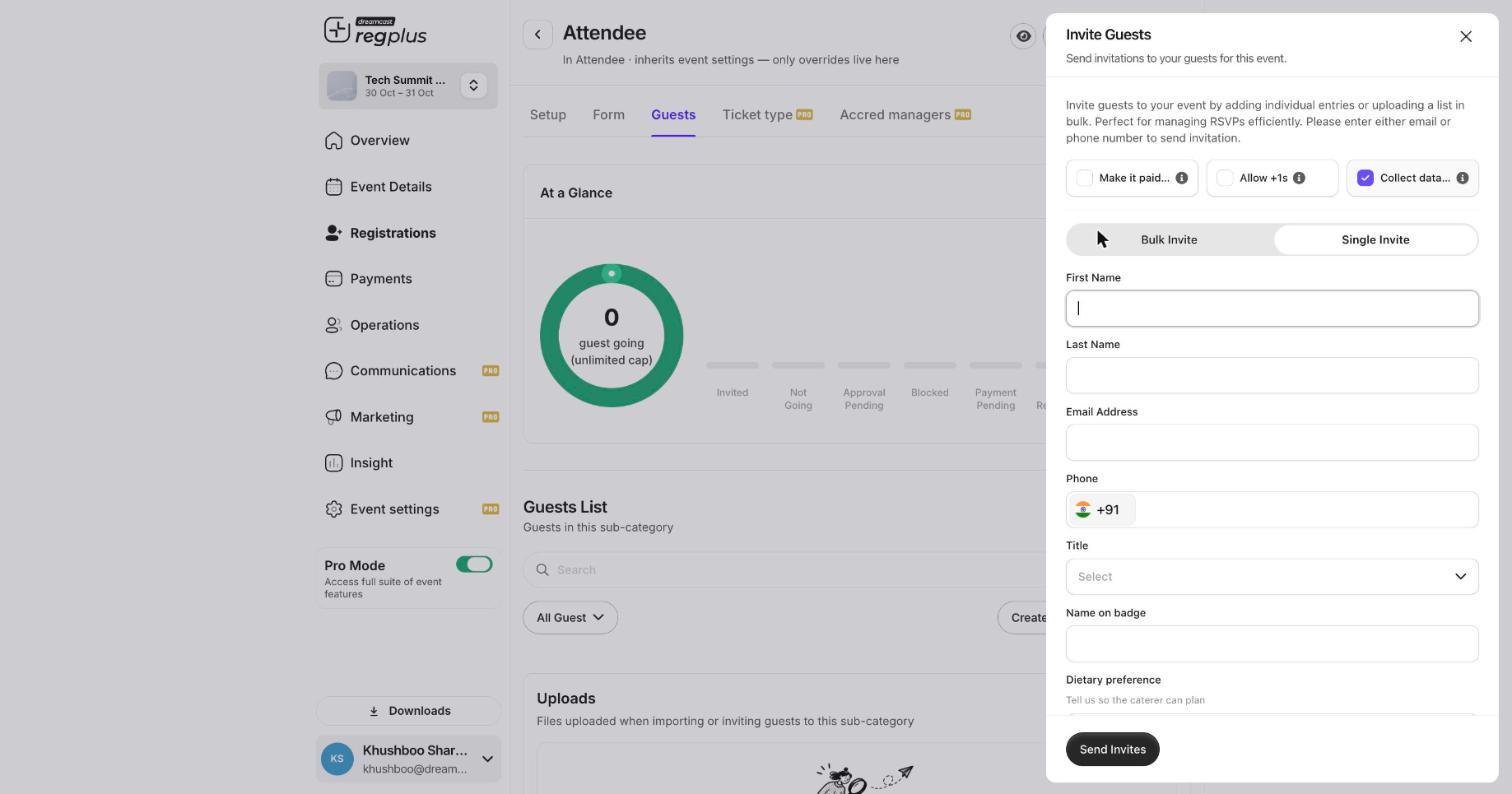 Invite Guests panel with Make it paid, Allow +1s and Collect data toggles